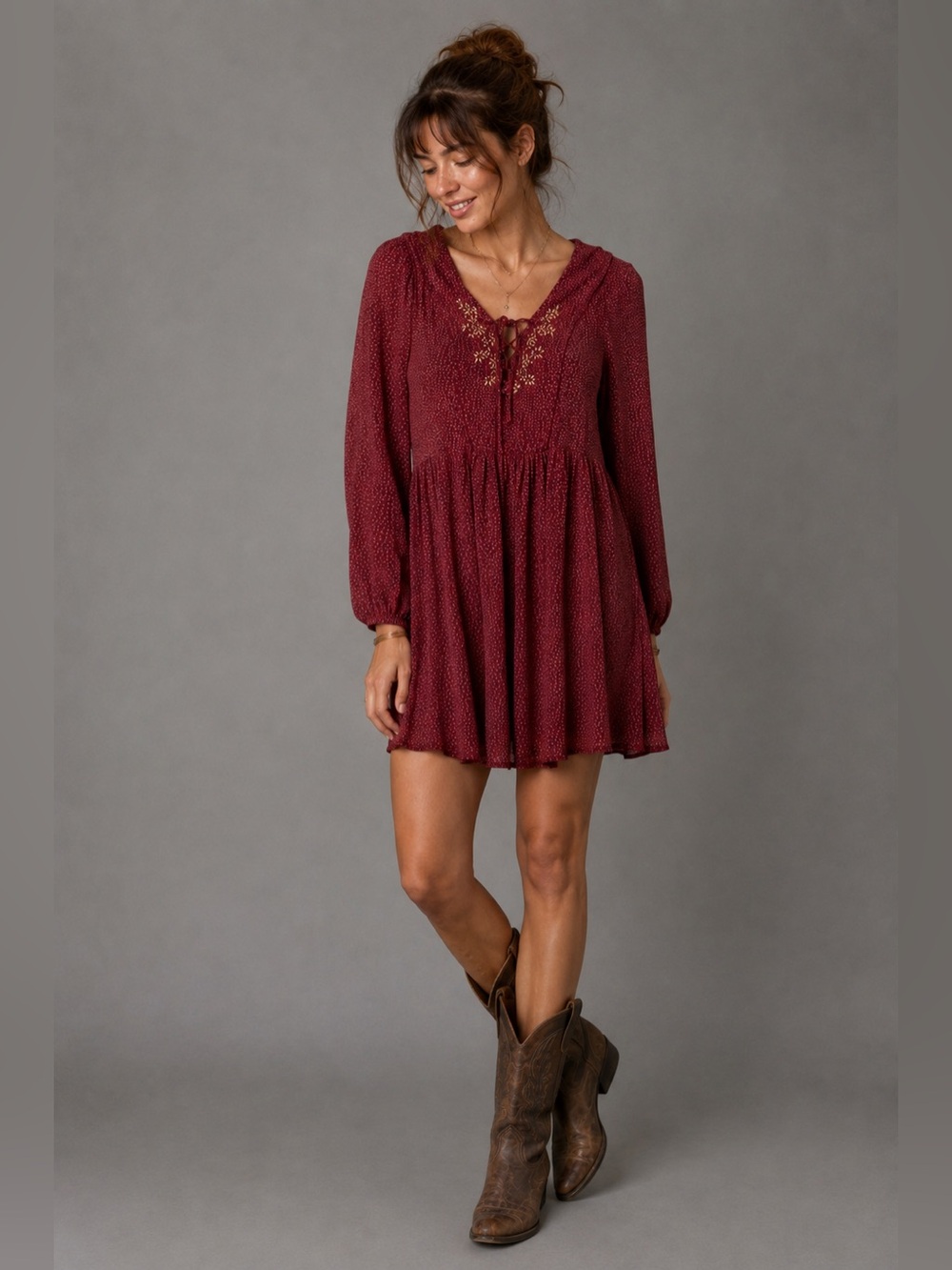 Velvet Graham Spencer Boho Dress Burgundy Gold Dot Embroidered S